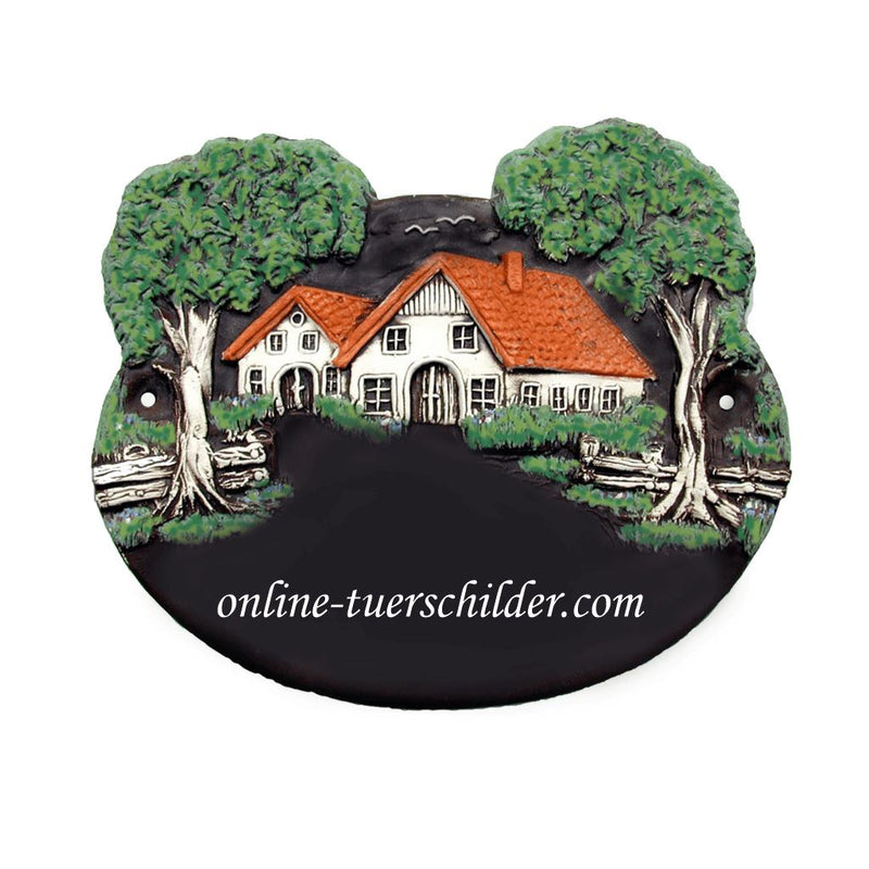 Türschild aus Keramik Motiv Landhaus mit Ihrem Wunschtext Türschild Keramik Landhaus online-tuerschilder.com Schwarzbraun 
