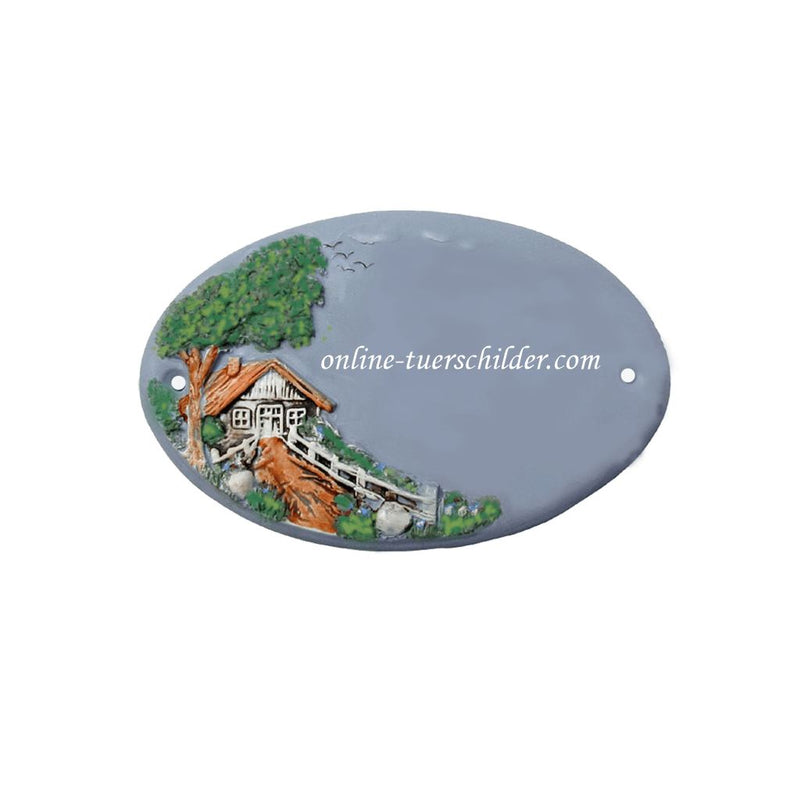 Türschild aus Keramik Motiv Landhaus blau mit Ihrem Wunschtext Türschild Keramik Landhaus online-tuerschilder.com 