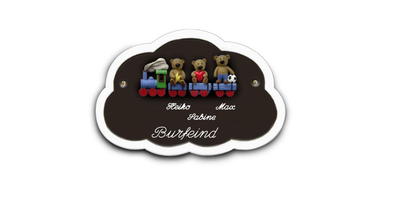 Familientürschild aus Keramik 3-4 Familienmitglieder Zug mit Bärchen Familientürschild aus Keramik Zug mit Bärchen Wolke online-tuerschilder.com Braun 3 Personen E-J 