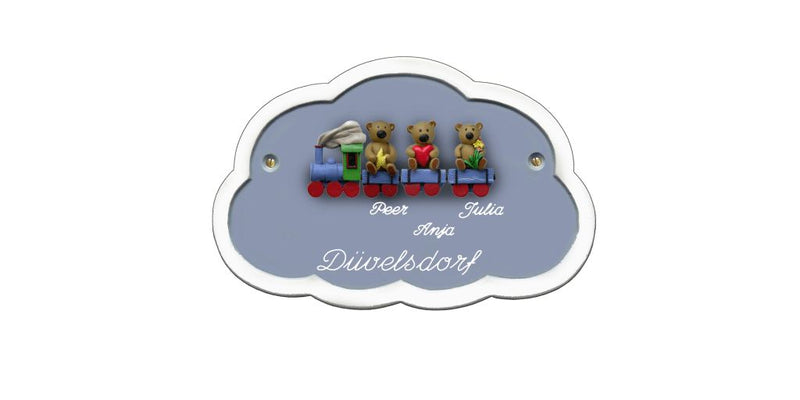 Familientürschild aus Keramik 3-4 Familienmitglieder Zug mit Bärchen Familientürschild aus Keramik Zug mit Bärchen Wolke online-tuerschilder.com Hellblau 3 Personen E-M 