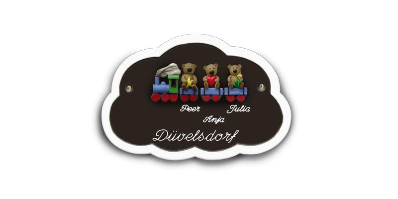 Familientürschild aus Keramik 3-4 Familienmitglieder Zug mit Bärchen Familientürschild aus Keramik Zug mit Bärchen Wolke online-tuerschilder.com Braun 3 Personen E-M 