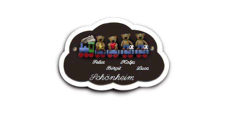 Familientürschild aus Keramik 3-4 Familienmitglieder Zug mit Bärchen Familientürschild aus Keramik Zug mit Bärchen Wolke online-tuerschilder.com Braun 4 Personen E-J-J 
