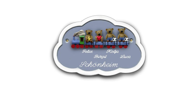 Familientürschild aus Keramik 3-4 Familienmitglieder Zug mit Bärchen Familientürschild aus Keramik Zug mit Bärchen Wolke online-tuerschilder.com Hellblau 4 Personen E-J-J 