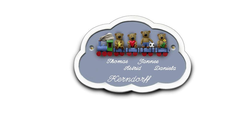 Familientürschild aus Keramik 3-4 Familienmitglieder Zug mit Bärchen Familientürschild aus Keramik Zug mit Bärchen Wolke online-tuerschilder.com 
