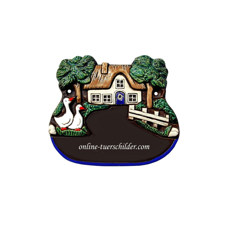 Türschild aus Keramik Motiv Gänse schwarzbraun, blau und terracotta mit Ihrem Wunschtext Türschild Keramik Gänse online-tuerschilder.com Schwarzbraun 