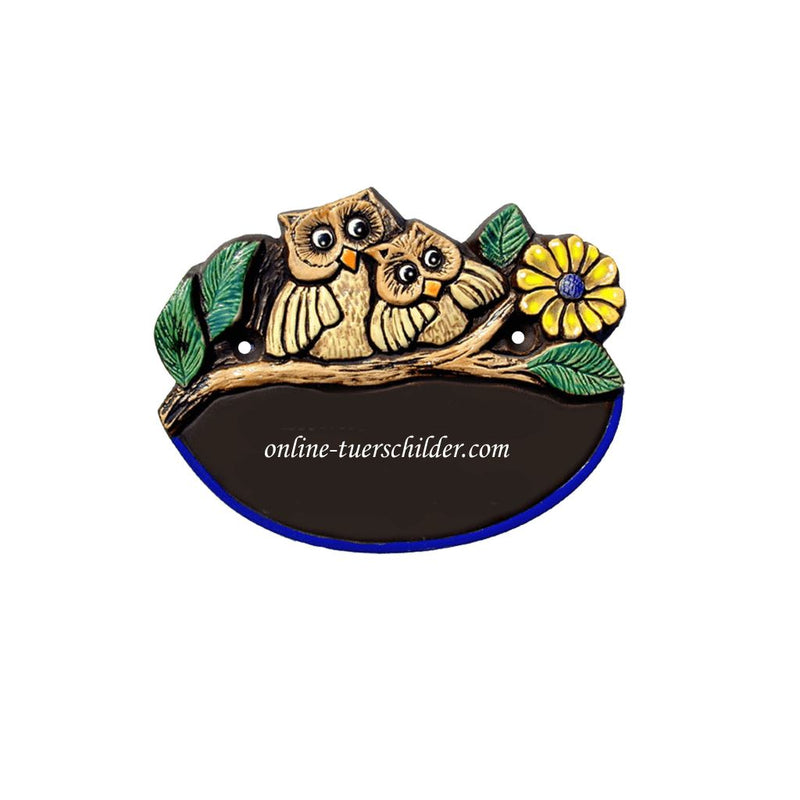 Türschild aus Keramik Motiv Eulen mit Ihrem Wunschtext Türschild Keramik Eulen online-tuerschilder.com Schwarzbraun 