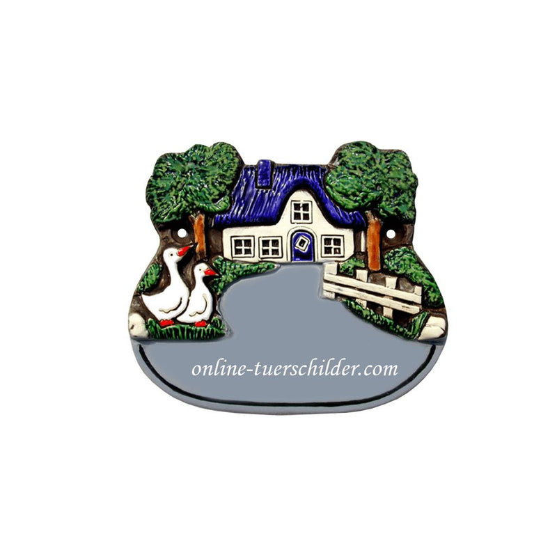 Türschild aus Keramik Motiv Gänse schwarzbraun, blau und terracotta mit Ihrem Wunschtext Türschild Keramik Gänse online-tuerschilder.com Blau 