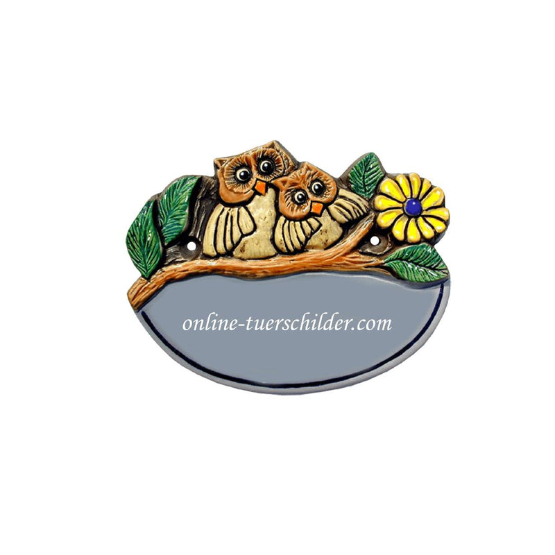 Türschild aus Keramik Motiv Eulen mit Ihrem Wunschtext Türschild Keramik Eulen online-tuerschilder.com Blau 