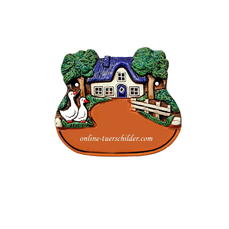 Türschild aus Keramik Motiv Gänse schwarzbraun, blau und terracotta mit Ihrem Wunschtext Türschild Keramik Gänse online-tuerschilder.com Terracotta 