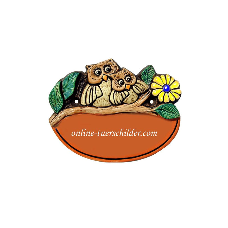 Türschild aus Keramik Motiv Eulen mit Ihrem Wunschtext Türschild Keramik Eulen online-tuerschilder.com Terracotta 