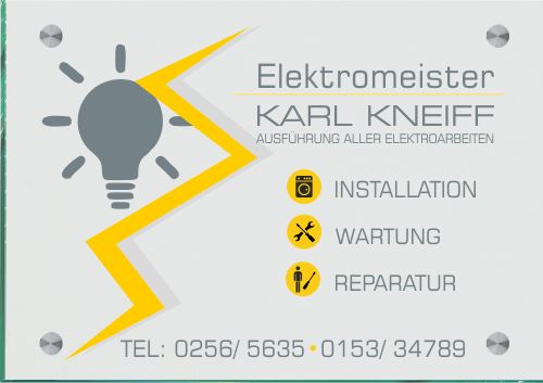 Firmenschild für Elektriker - Wir gestalten Ihr Schild! Firmenschilder Glas und Edelstahl (A4) 