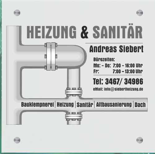 Firmenschild für Heizung & Sanitär - Wir gestalten Ihr Schild! Firmenschilder Glas und Edelstahl online-tuerschilder.com 300x300mm 