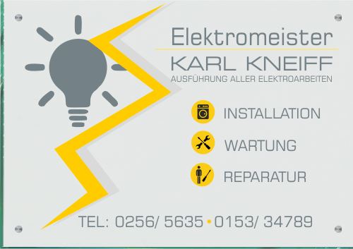 Firmenschild für Elektriker - Wir gestalten Ihr Schild! Firmenschilder Glas und Edelstahl 2 (A2) 