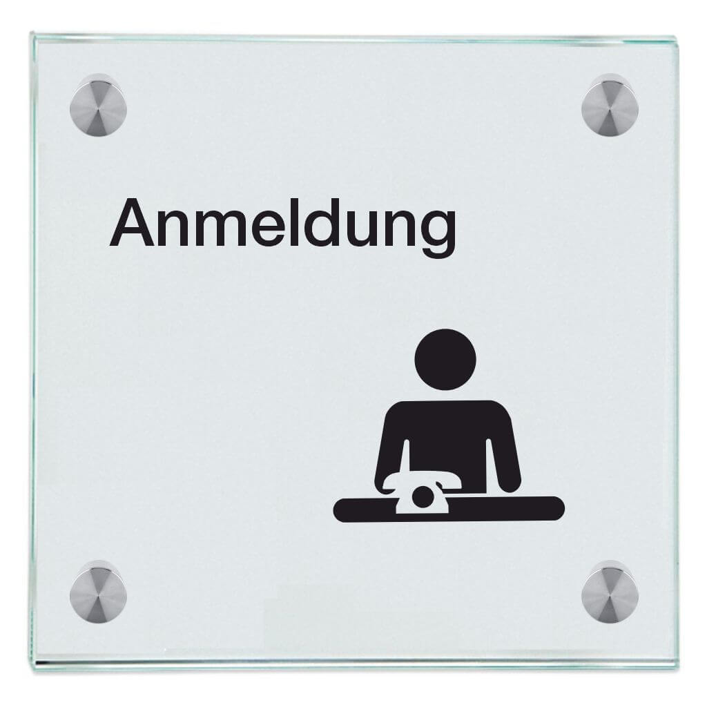 Praxisschild aus Glas Anmeldung mit 2 oder 4 Haltern Praxisschilder