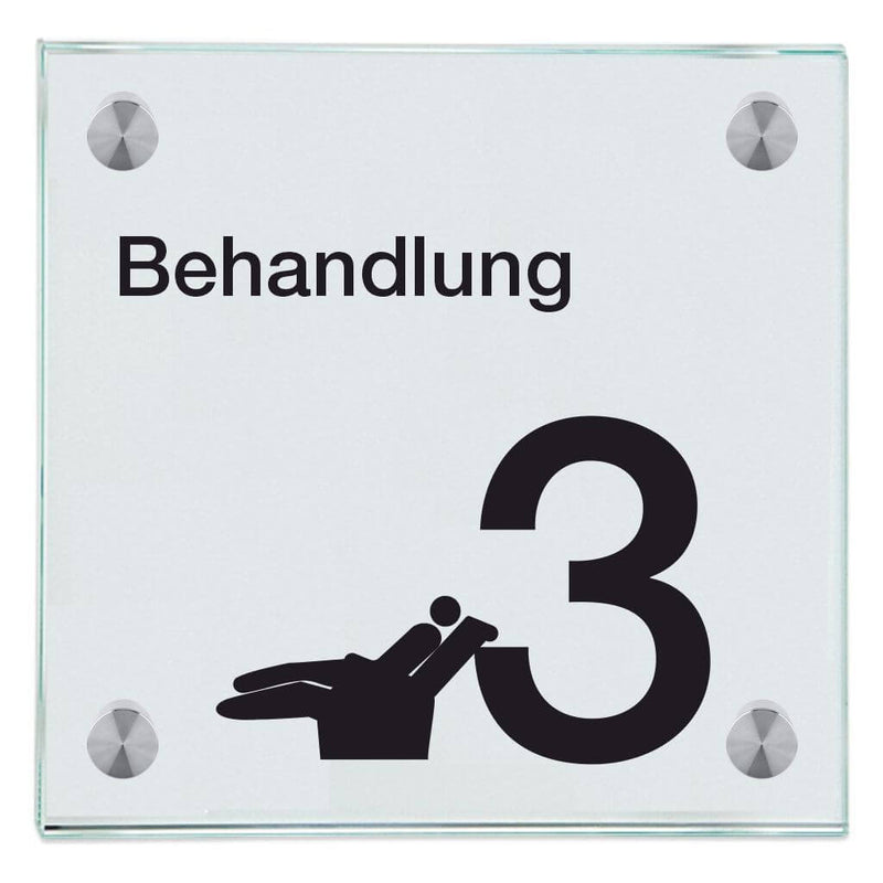 Türschild aus Glas Behandlung 3 mit 2 / 4 Haltern Praxisschild aus Glas 150x150mm 4 Halter 