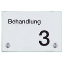 Türschild aus Glas Behandlung 3 mit 2 / 4 Haltern Praxisschild aus Glas 100x150mm ohne Piktogramm