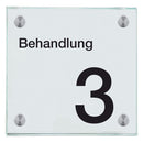 Türschild aus Glas Behandlung 3 mit 2 / 4 Haltern Praxisschild aus Glas 150x150mm ohne Piktogramm