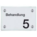 Türschild aus Glas Behandlung 5 mit 2 / 4 Haltern Praxisschild aus Glas 3