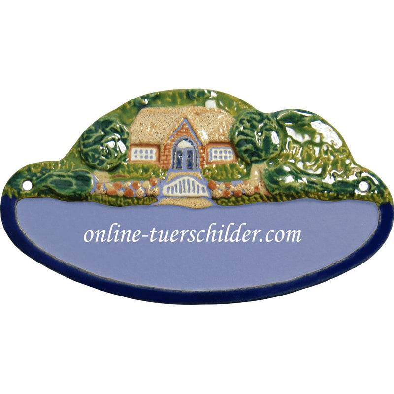 Türschild aus Keramik Landhaus mit Bäumen personalisiert Türschild  Hellblau 