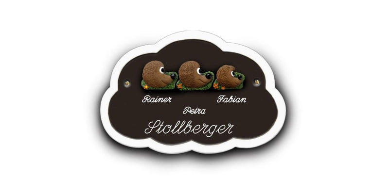 Familientürschild aus Keramik 3-4 Familienmitglieder Igel Wolke Familientürschild aus Keramik Igel Wolke online-tuerschilder.com 3 Personen Braun 