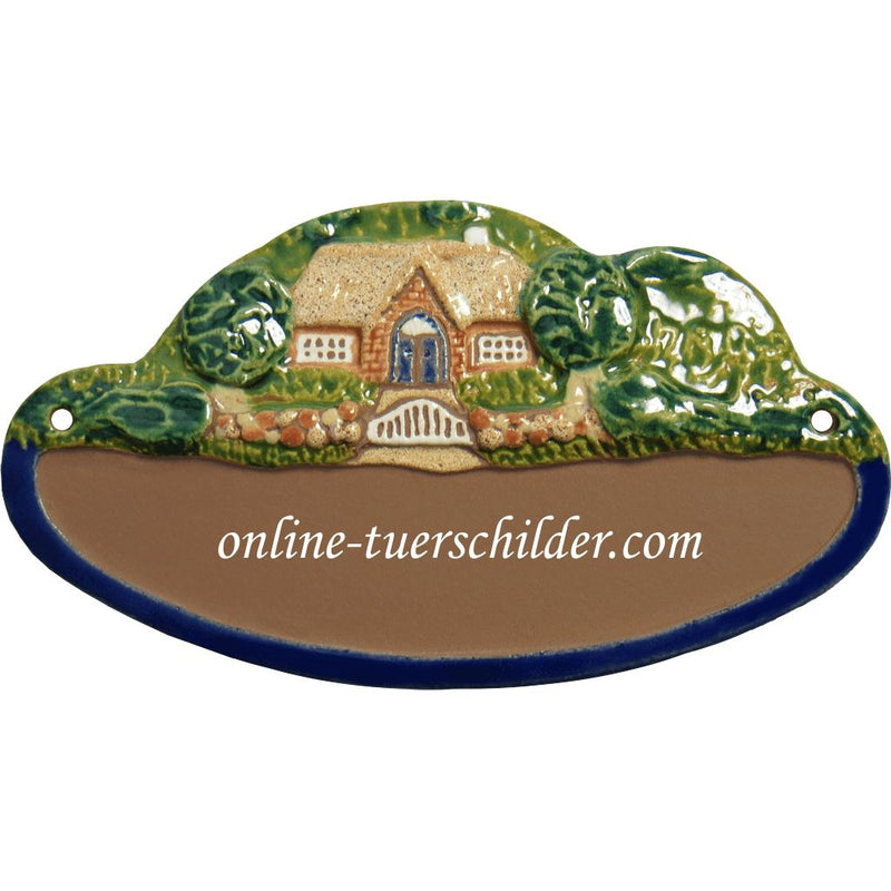 Türschild aus Keramik Landhaus mit Bäumen personalisiert Türschild  Braun 