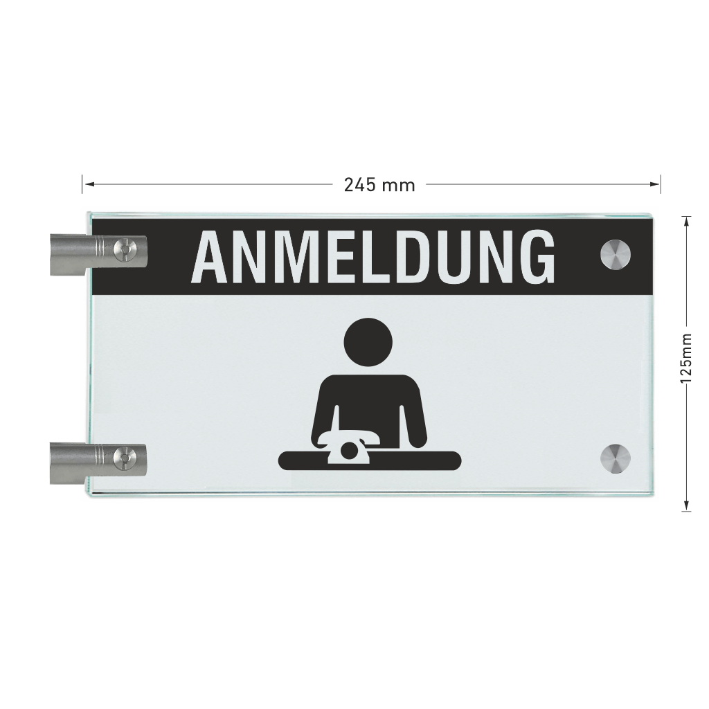 Winkelschild Anmeldung mit Balken, 2 Scheiben mit Glasverbinder