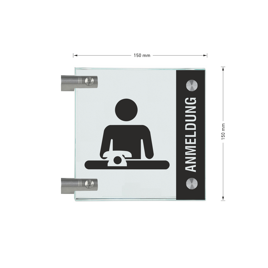Winkelschild Anmeldung mit Balken, 2 Scheiben mit Glasverbinder