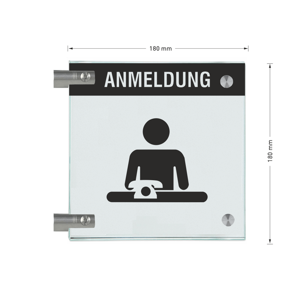 Winkelschild Anmeldung mit Balken, 2 Scheiben mit Glasverbinder
