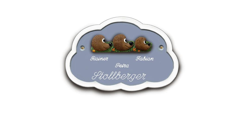 Familientürschild aus Keramik 3-4 Familienmitglieder Igel Wolke Familientürschild aus Keramik Igel Wolke online-tuerschilder.com 3 Personen Hellblau 