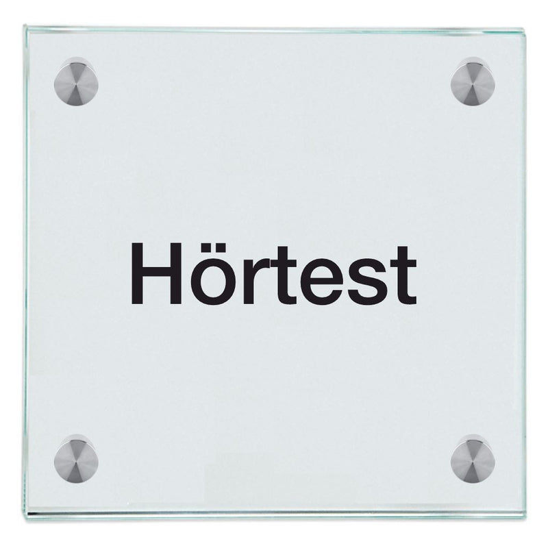 Praxisschild aus Glas Hörtest mit 2/4 Haltern Praxisschild aus Glas Hörtest 1