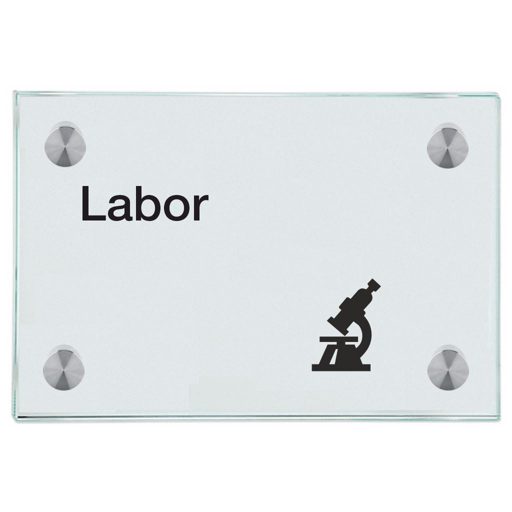 Praxisschild aus Glas Labor mit 2 oder 4 Haltern Praxisschild aus Glas Labor online-tuerschilder.com 100x150mm 4 Halter mit Piktogramm