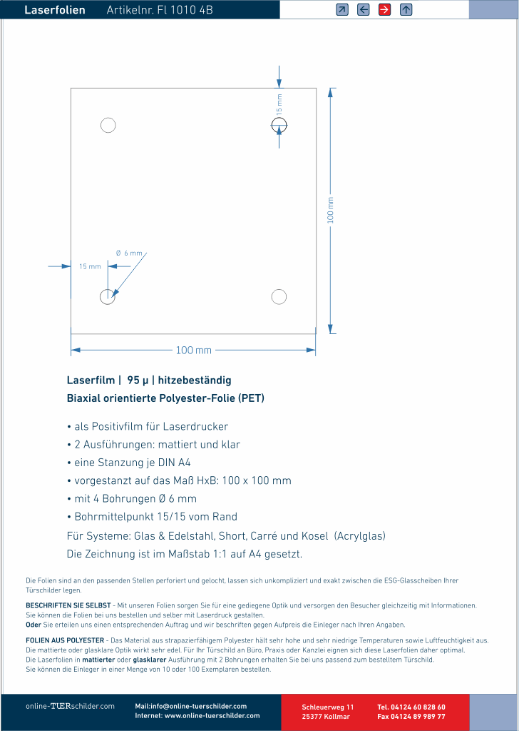 Laserfolien für Türschilder in Sandwichbauweise mit 4 Bohrungen online-tuerschilder.com 100 x 100 mm 