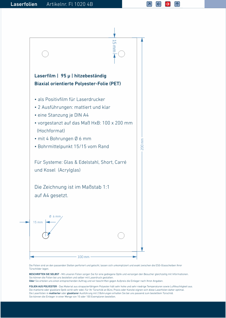 Laserfolien für Türschilder in Sandwichbauweise mit 4 Bohrungen online-tuerschilder.com 100 x 200 mm 