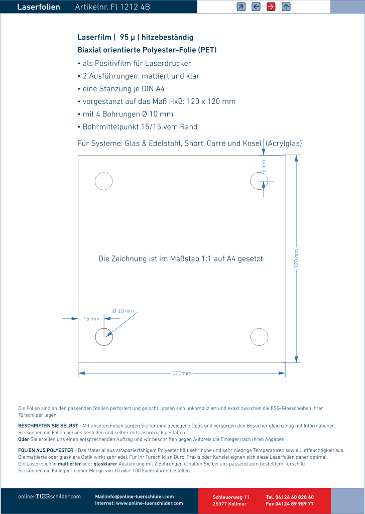 Laserfolien für Türschilder in Sandwichbauweise mit 4 Bohrungen online-tuerschilder.com 120 x 120 mm 