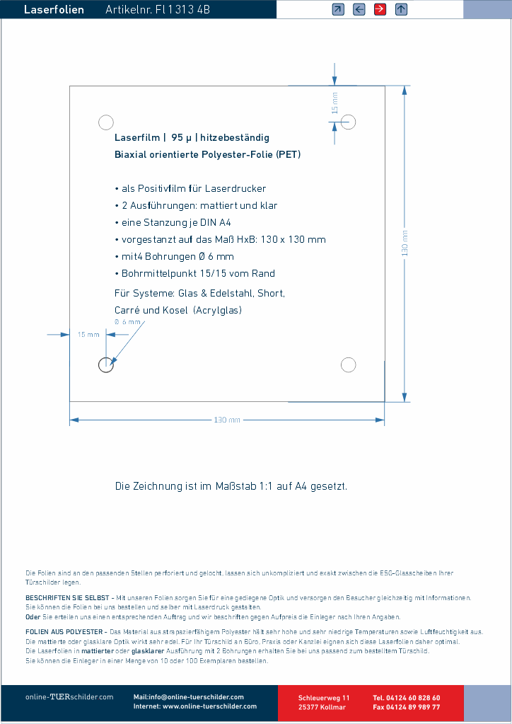 Laserfolien für Türschilder in Sandwichbauweise mit 4 Bohrungen online-tuerschilder.com 130 x 130 mm 