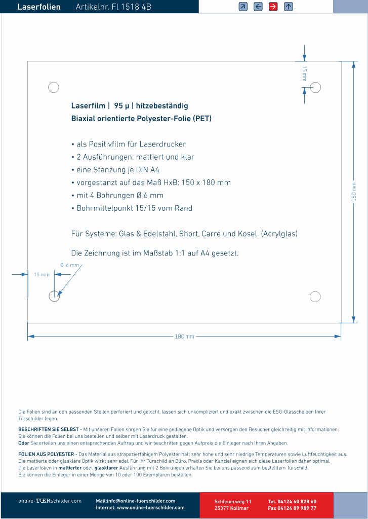 Laserfolien für Türschilder in Sandwichbauweise mit 4 Bohrungen online-tuerschilder.com 150 x 180 mm 