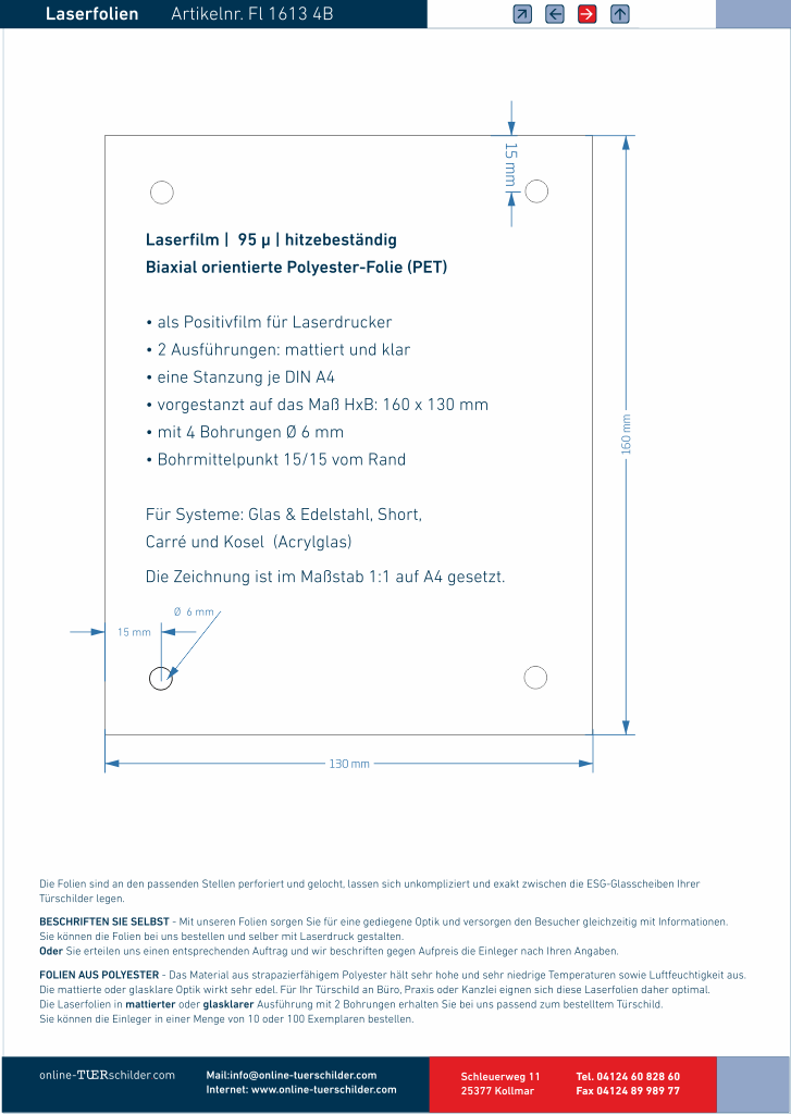 Laserfolien für Türschilder in Sandwichbauweise mit 4 Bohrungen online-tuerschilder.com 130 x 160 mm 