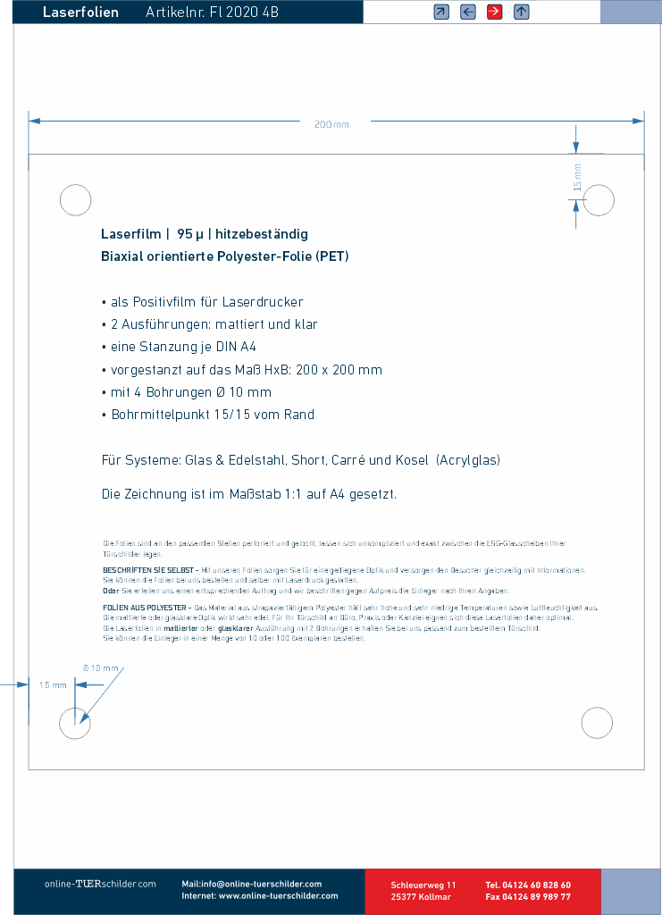 Laserfolien für Türschilder in Sandwichbauweise mit 4 Bohrungen online-tuerschilder.com 200 x 200 mm 