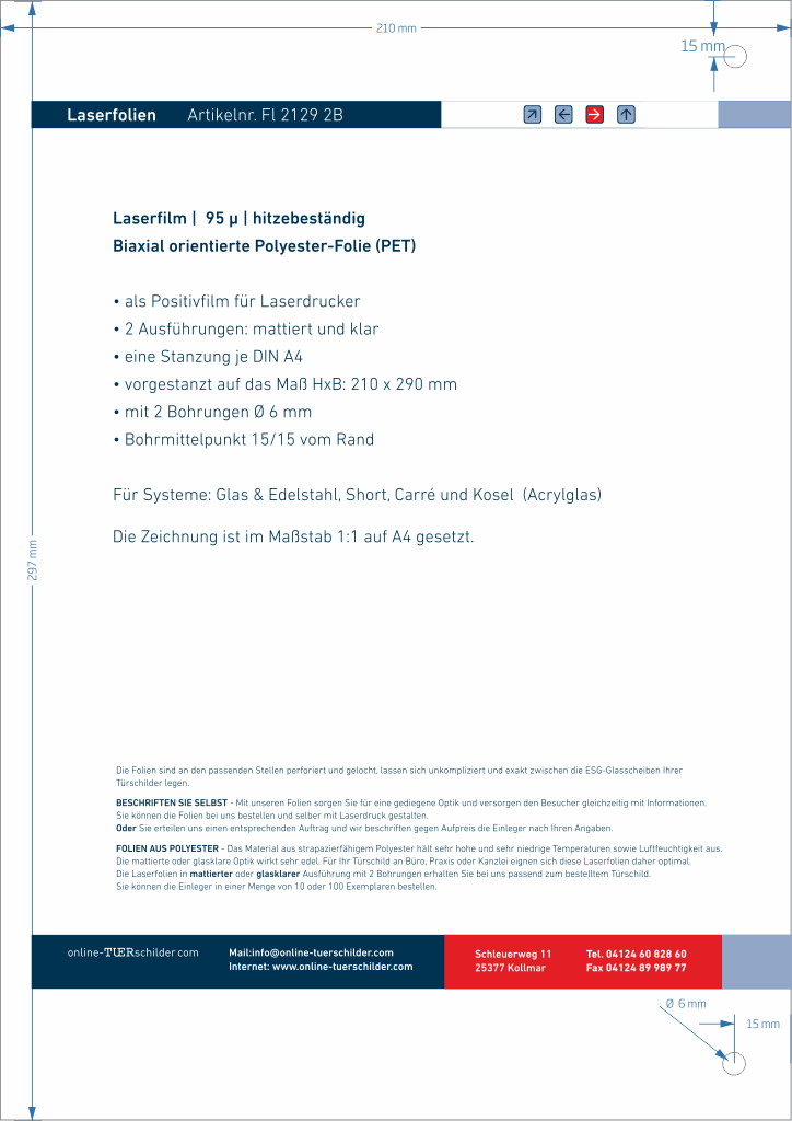 Laserfolien für Türschilder in Sandwichbauweise mit 4 Bohrungen online-tuerschilder.com 210 x 297 (A4)mm 