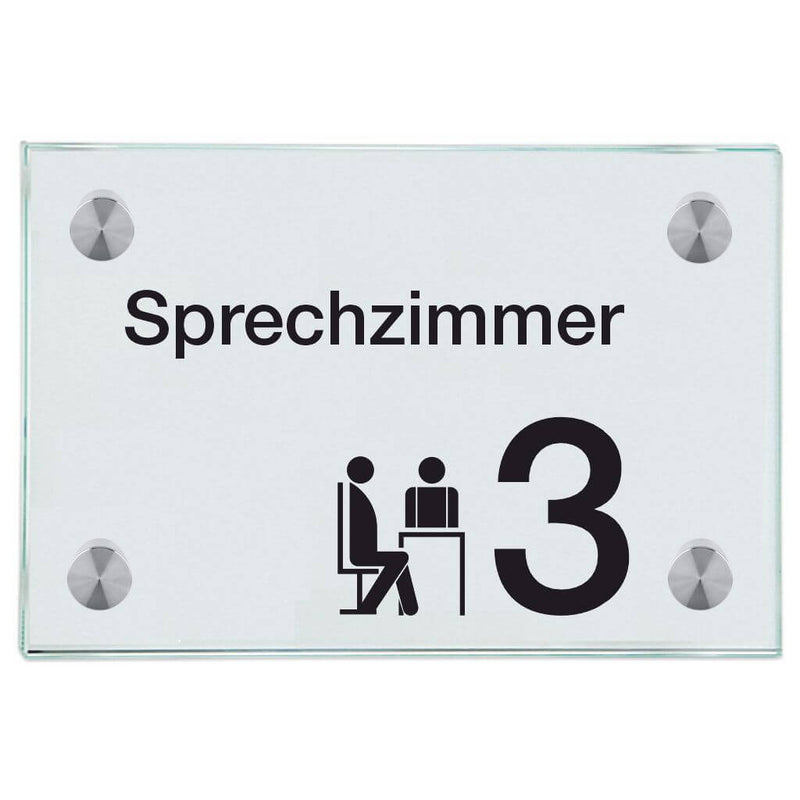 Praxisschild aus Glas Sprechzimmer 3 4