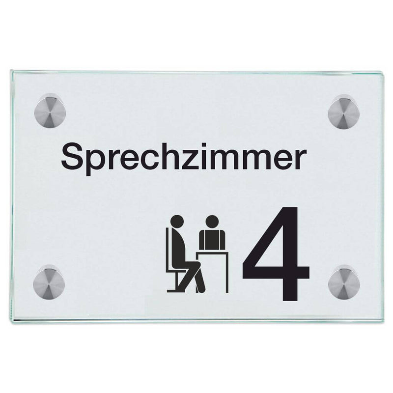 Praxisschild aus Glas Sprechzimmer 4 mit 2 / 4 Haltern Praxisschild aus 4