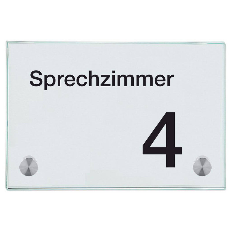 Praxisschild aus Glas Sprechzimmer 4 mit 2 / 4 Haltern Praxisschild aus 5