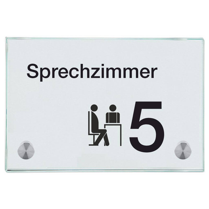 Praxisschild aus Glas Sprechzimmer 5 mit 2 / 4 Haltern Praxisschild aus Glas Sprechzimmer 5 online-tuerschilder.com 100x150mm 2 Halter mit Piktogramm