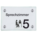 Praxisschild aus Glas Sprechzimmer 5 mit 2 / 4 Haltern Praxisschild aus Glas Sprechzimmer 5 online-tuerschilder.com 100x150mm 4 Halter mit Piktogramm