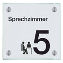 Praxisschild aus Glas Sprechzimmer 5 mit 2 / 4 Haltern Praxisschild aus Glas Sprechzimmer 5 online-tuerschilder.com 150x150mm 4 Halter mit Piktogramm