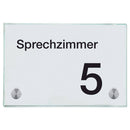 Praxisschild aus Glas Sprechzimmer 5 mit 2 / 4 Haltern Praxisschild aus Glas Sprechzimmer 5 online-tuerschilder.com 100x150mm 2 Halter ohne Piktogramm