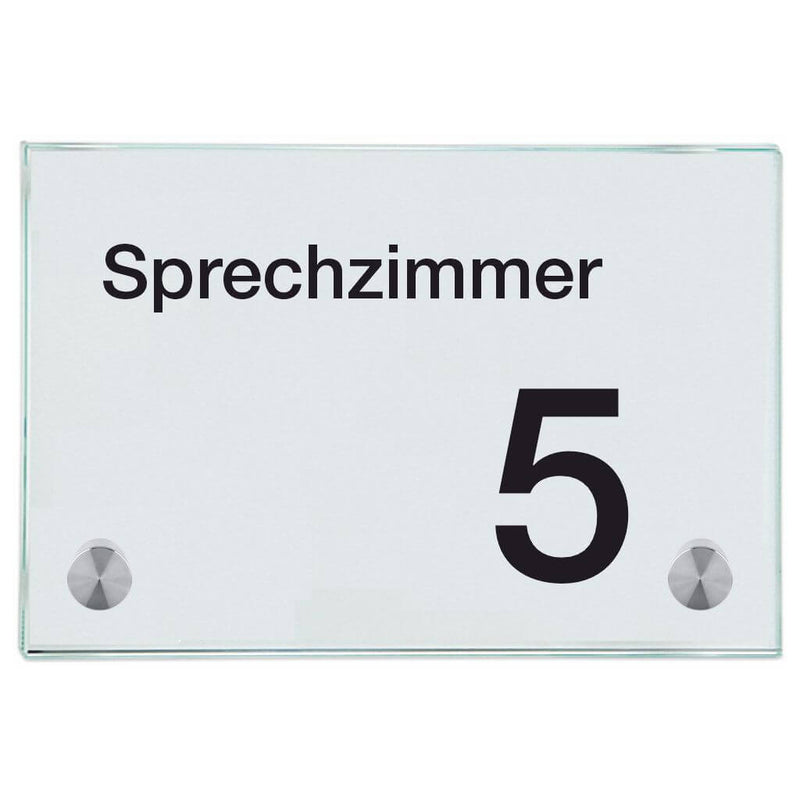 Praxisschild aus Glas Sprechzimmer 5 mit 2 / 4 Haltern Praxisschild aus Glas Sprechzimmer 5 online-tuerschilder.com 100x150mm 2 Halter ohne Piktogramm