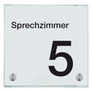 Praxisschild aus Glas Sprechzimmer 5 mit 2 / 4 Haltern Praxisschild aus Glas Sprechzimmer 5 online-tuerschilder.com 150x150mm 2 Halter ohne Piktogramm