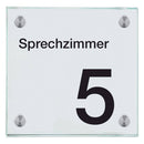 Praxisschild aus Glas Sprechzimmer 5 mit 2 / 4 Haltern Praxisschild aus Glas Sprechzimmer 5 online-tuerschilder.com 150x150mm 4 Halter ohne Piktogramm