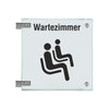 Fahnenschilder Wartezimmer Piktogramm und Text, 2 Scheiben mit Glasverbinder